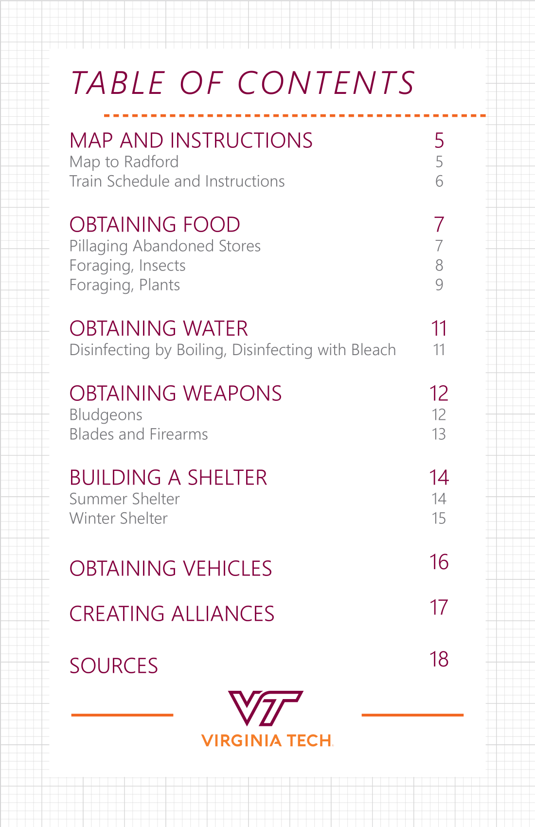 A table of contents with a white background set on top of a grid.